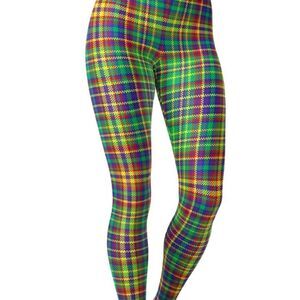 Plus size green/yellow plaid printed solid legging